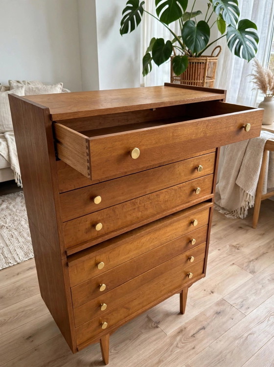 Vintage Teak Tallboy - 8 Drawers - 2-Piece Danish Design - Original Hardware - 1960s – Chest of drawers, Wood (photo 5 of 6)