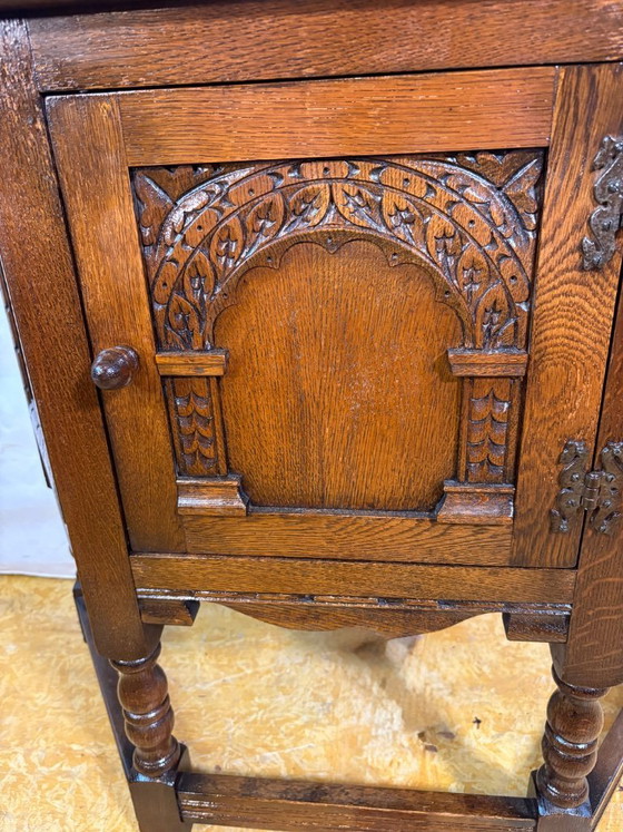 Image 1 of Vintage Old Charm Furniture Canted Side Cabinet by Wood Brothers (Circa 1970)  A charming and beautifully crafted vintage canted