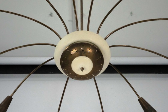 Image 1 of Large Italian Mid-Century Sputnik Brass Chandelier with Satin Glass, 1950s
