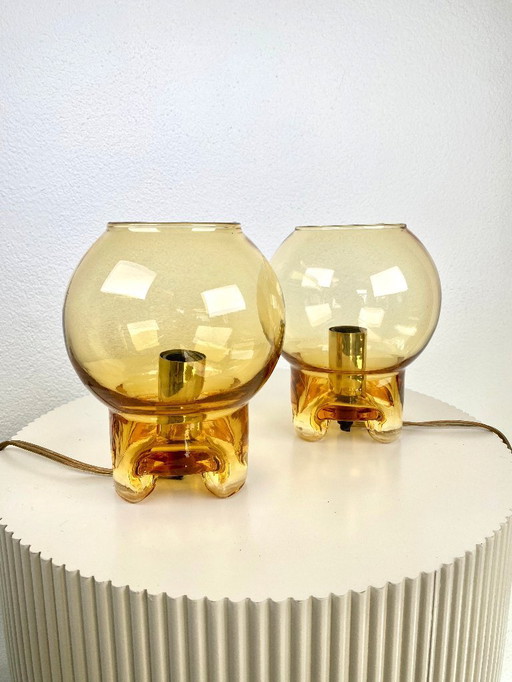 Pair of Vintage Warm Amber-Color Glass Lamps by Limburg Glas - 1970s German Design Lamps Set - Warm Tone Bedside Lighting
