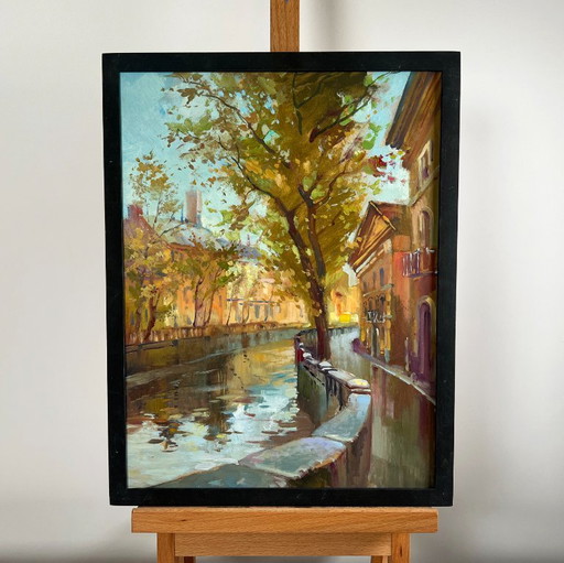 Original Oil Painting City River Landscape City alley with a river