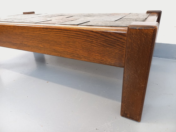 Image 1 of Table Basse Vintage Brutaliste en Chêne et Ardoise des Années 60-70