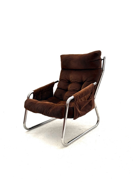 Vintage buisframe fauteuil, Gillie Lundgren, Ikea ‘70, Chroom, Textiel, Bruin (foto 7 van 10)
