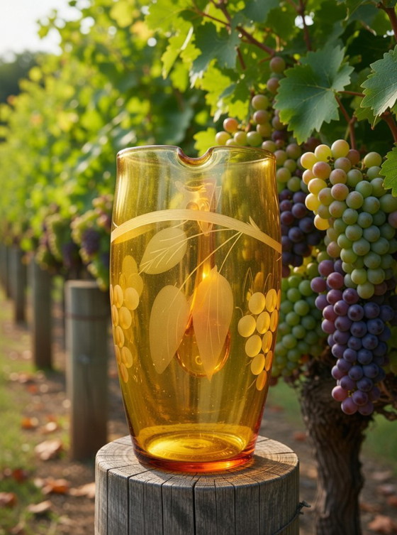 Image 1 of Brocca da vino vintage boema color ambra con incisione a grappolo d'uva.