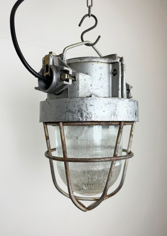 Image 1 of Industrial Soviet Cast Aluminium Bunker Pendant Light with Iron Grid, 1960s