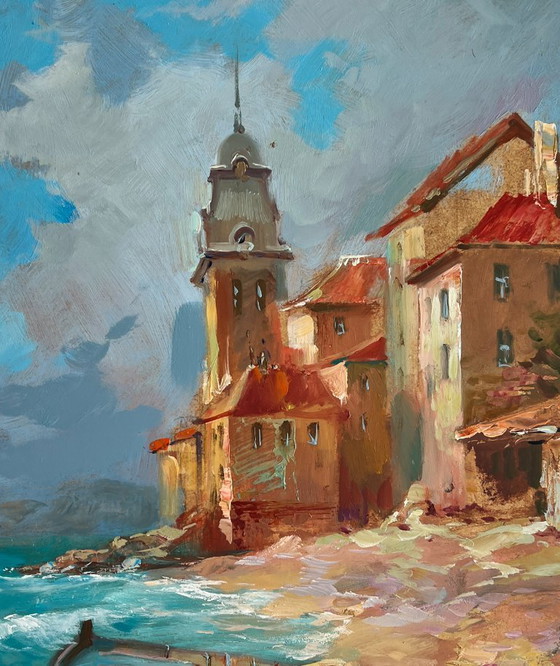 Image 1 of Original Oil Painting Summer City Landscape A quiet pier near the city