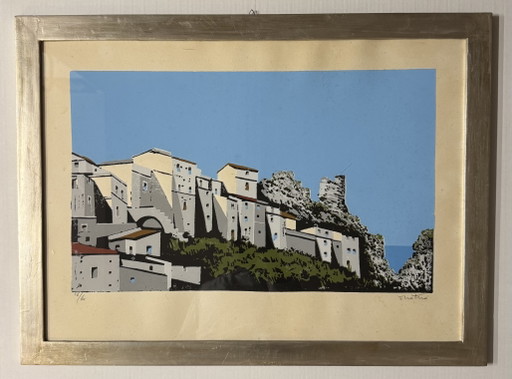 Quadro Litografia Enotrio 50x70cm Paesaggio Calabrese, in Cornice – lithos zeefdrukken, Paper, Glass