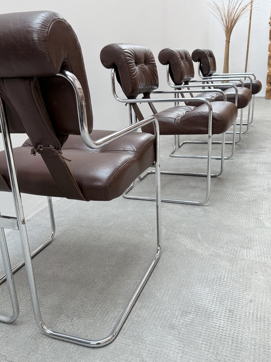Image 1 of Set of 4 Guido Faleschini for i4Mariani 'Tucroma' chairs leather brown chrome, Italy 1970s