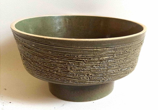 Frutero de cerámica texturizada color caqui años 70 Ø 23,5 cm