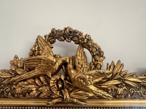 Antique French Giltwood Wall Mirror with Bird and Laurel Crest, 19th Century