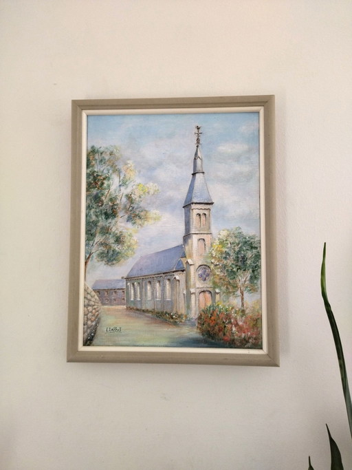 Painting Church Rural Landscape - L. Laffut (Belgian Art)