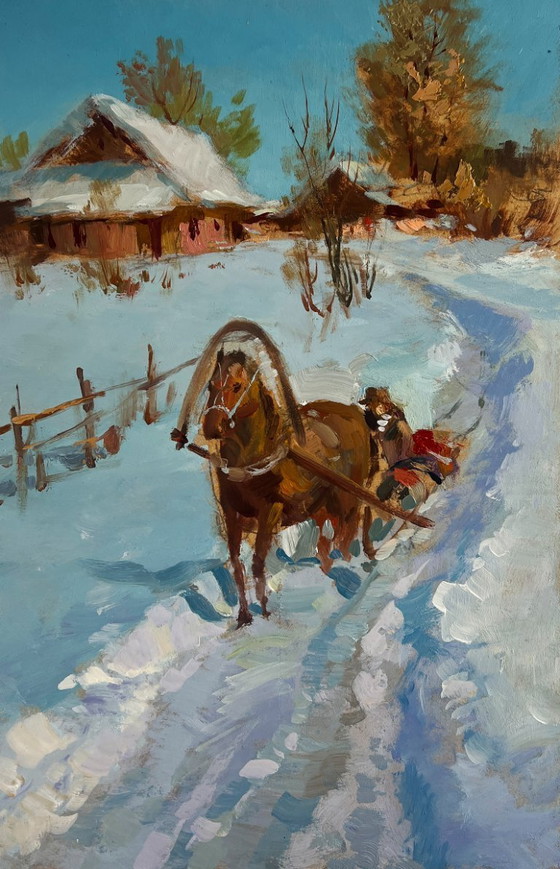 Image 1 of Original Oil Painting Winter Village Landscape Riding a horse in the snow