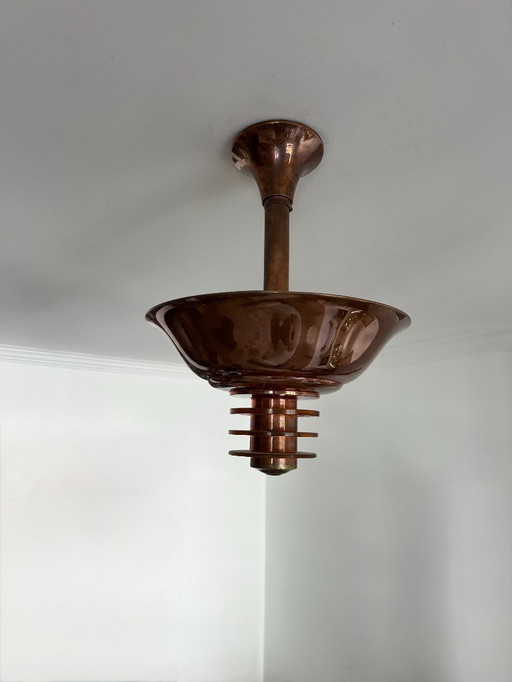 Modernistischer Vintage-Kronleuchter, Kupfer und Glas, Frankreich 1930