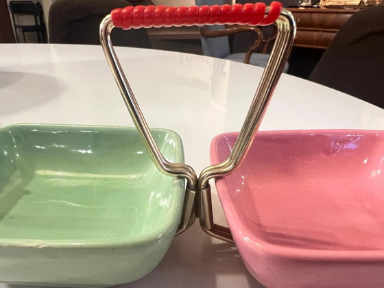 Ciotola Mid Century per snack e servizio in menta e rosa con manico in ottone degli anni '50, made in Germany (photo 4 of 7)