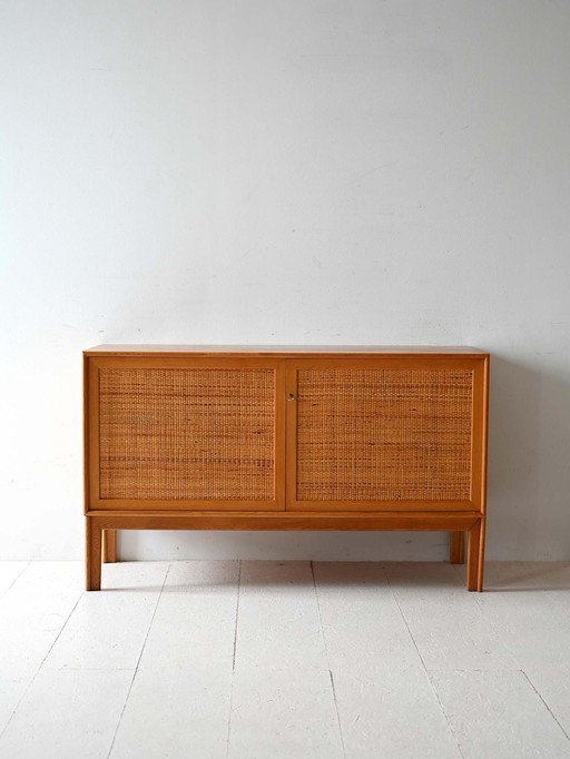 Scandinavian Oak Cabinet with Woven Rattan Doors