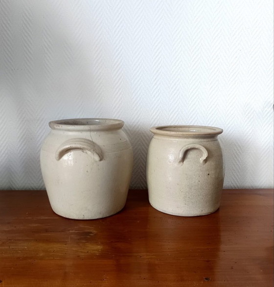 2x glasierte Steingut-Fettgefäße 1900, Dekorative Objekte, Keramik, Beige, Vintage (Foto 3 von 7)