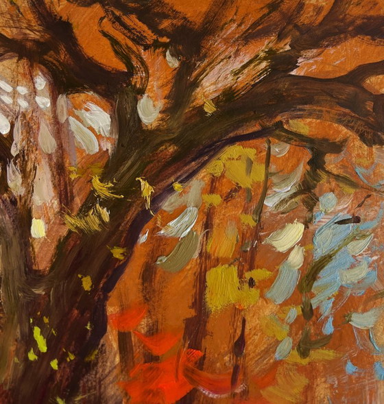 Image 1 of Original Oil Painting Autumn Village Landscape Street in golden leaves