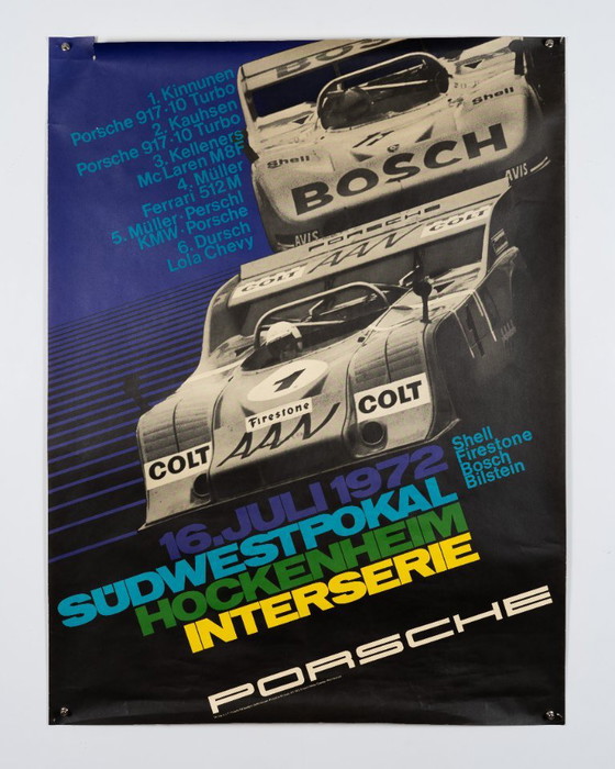 Porsche Südwestpokal Hockenheim Interserie 1972 – Originele Vintage Porsche Poster van Atelier Strenger – (photo 3 of 8)