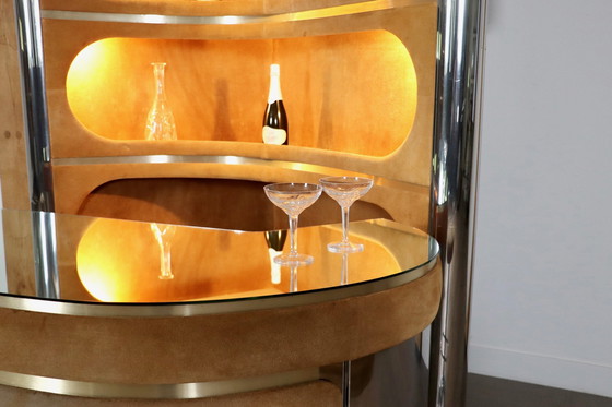 Image 1 of Suede and Chrome Dry Bar with Barstools in Cognac by Willy Rizzo, Italy 1970s