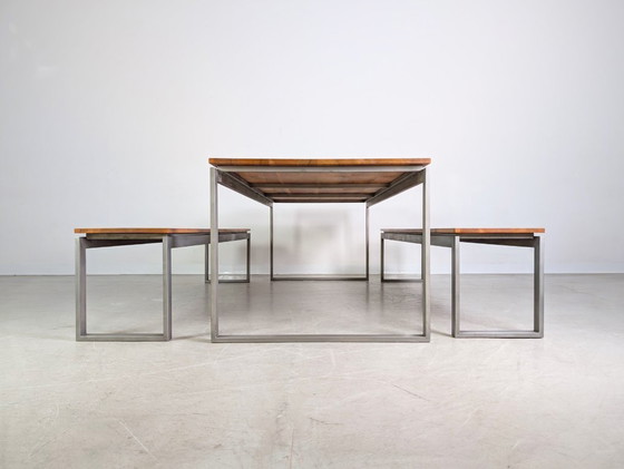 Image 1 of Ensemble table et chaises de style industriel comprenant 2 bancs, banc design, style vintage