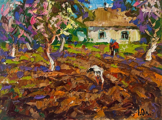 Image 1 of Original Oil Painting Day Village Landscape - "The Sky is Blue and the Spring"