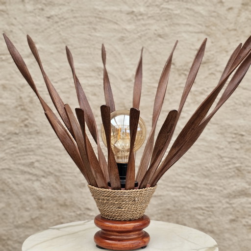 Sculptural vintage table lamp - 1970s - wood and rope