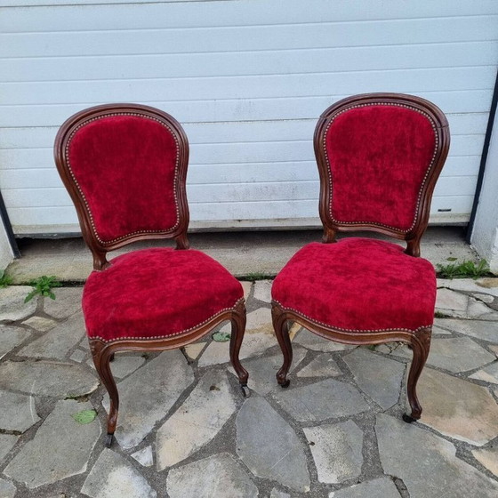 Image 1 of Louis XV chairs, mahogany & red velvet