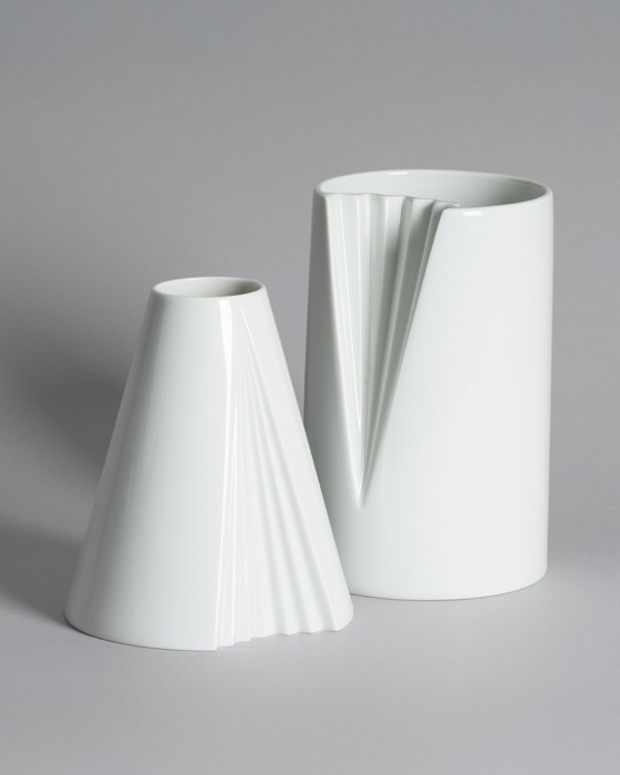 Image 1 of Chic Vintage Rosenthal Plissée Vase Duo Ambrogio Pozzi Minimalist Porcelain Art