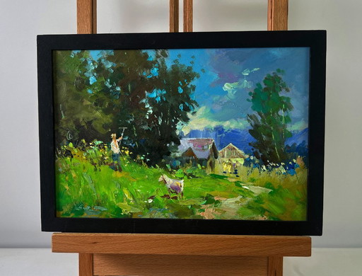 Original Oil Painting Summer Nature Landscape The village beyond the forest