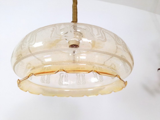 Image 1 of Vintage Amber Pendant Light / Retro Hanging Ceiling Lamp / Mid Century Style Lighting / Ruffled Edge Ceiling Lamp