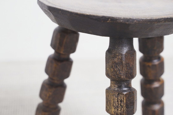 Image 1 of Vintage Bobbin Turned Wooden Stool Plant Stand Brutalist Rustic Tripod Stool Farmhouse Wabi Sabi Decor