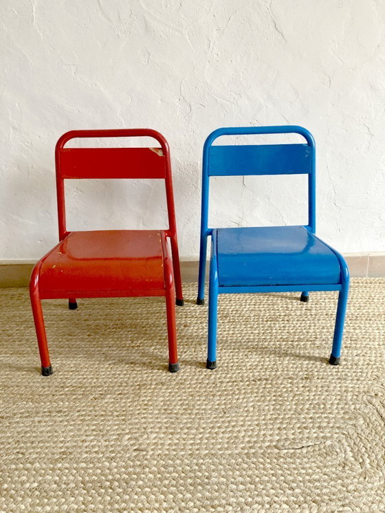 Image 1 of Pair of Mullca nursery chairs in metal and wood painted red and blue, 1950s
