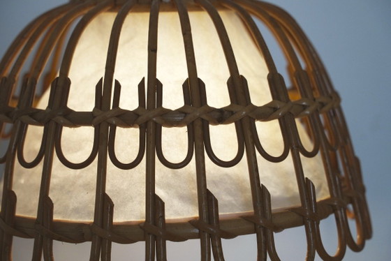Image 1 of Vintage Rattan Bell Pendant Lamp, Louis Sognot Style Cane Ceiling Light, French Riviera Mediterranean Decor