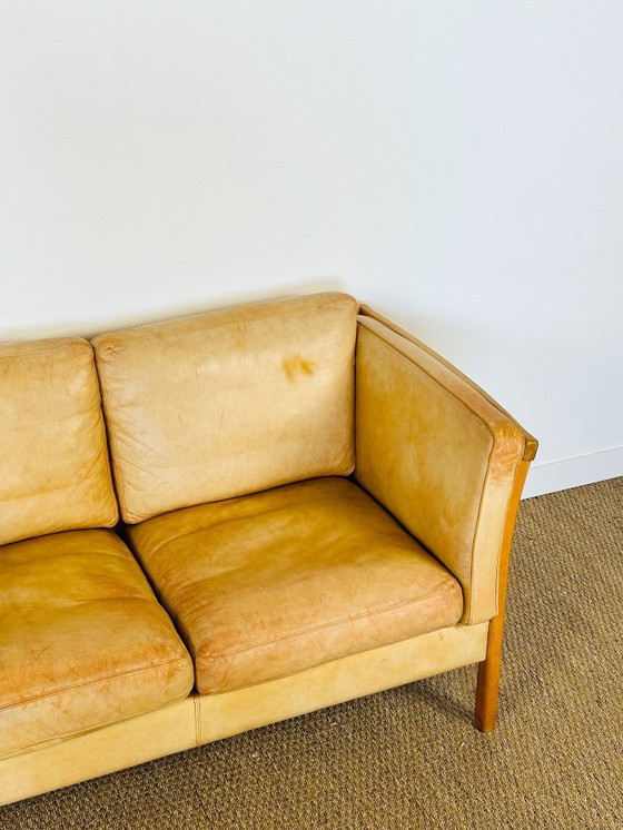Image 1 of Vintage Scandinavian 2-seater sofa in beige leather and wood by Stouby, 1960s