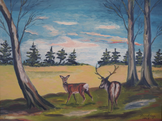 Image 1 of Peinture "La paire de cerfs", design scandinave, années 1960