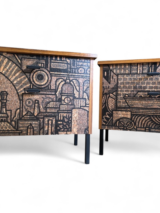 Image 1 of Tables de chevet vintage recouvertes d'un imprimé liège « Hit the North » | The Vintage Vibe