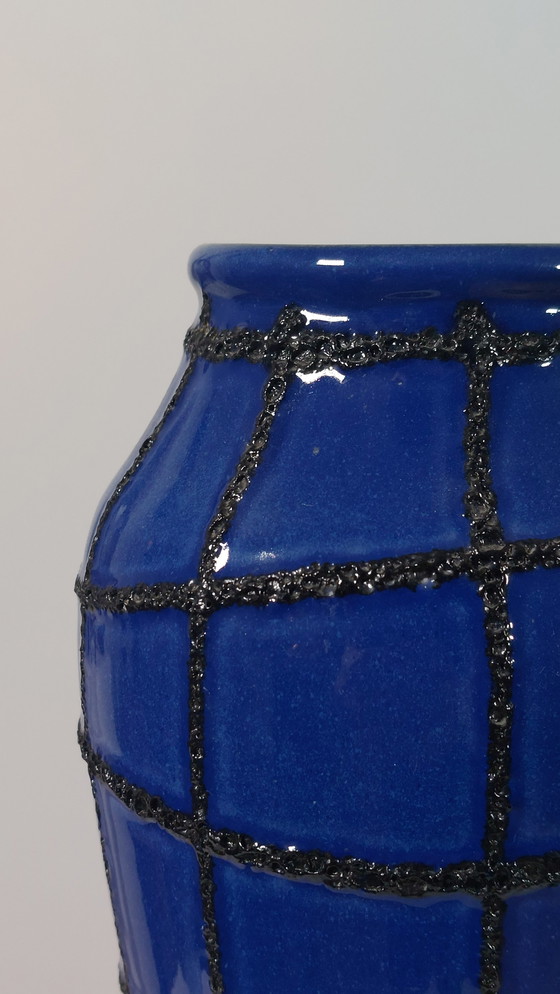 Image 1 of Vintage Ceramic Vase Fat Lava Spiderweb Blue