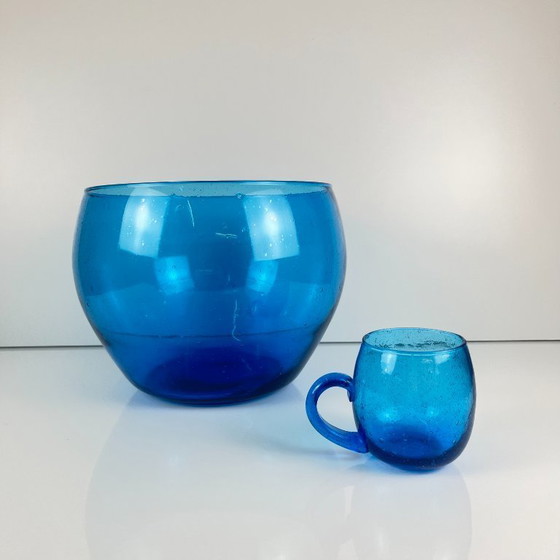 Image 1 of Punschset für 9 Personen, Biot-Stil, kobaltblaues, geblasenes Glas, 1970