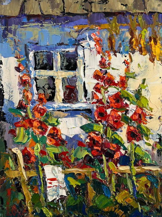 Image 1 of Original Oil Painting Summer Flowers Landscape Mallows are blooming near the house