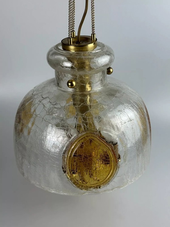 Image 1 of Lampada da soffitto brutalista anni '60-'70, lampada a sospensione in ottone e vetro di Murano