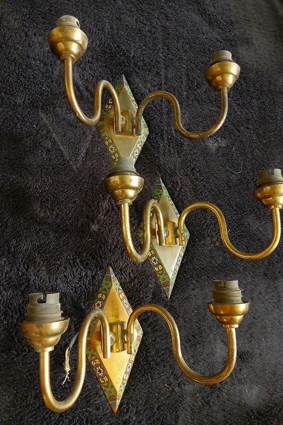 Image 1 of 3 Art Deco cloisonné enamel wall sconces