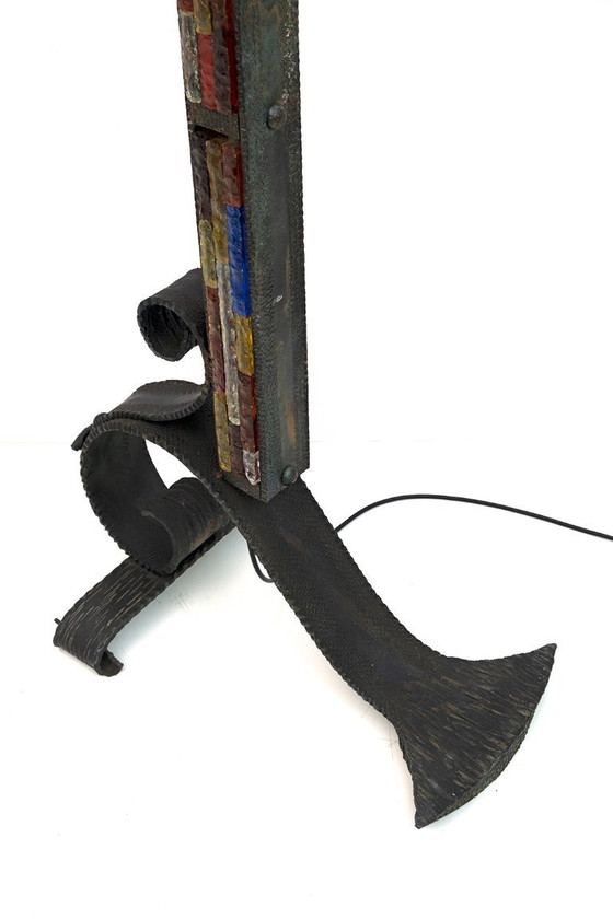Image 1 of Poliarte Brutalistische italienische Stehleuchte aus Schmiedeeisen und farbigem Rohglas, 1960er Jahre