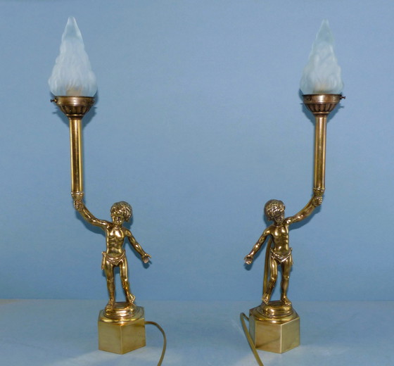 Image 1 of Set Vintage Table Lamps - Candlestick Figures With Flame Shaped Shade - Brass Bring Atmosphere And Class To Your Interior