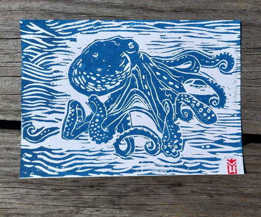 Octopus in Ocean Waves – Blue Linocut, a4.