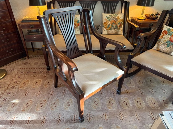 Wooden Seating Group with Light Upholstery, Three-Piece, Couches, Textile, Brown, Art Nouveau (photo 2 of 5)