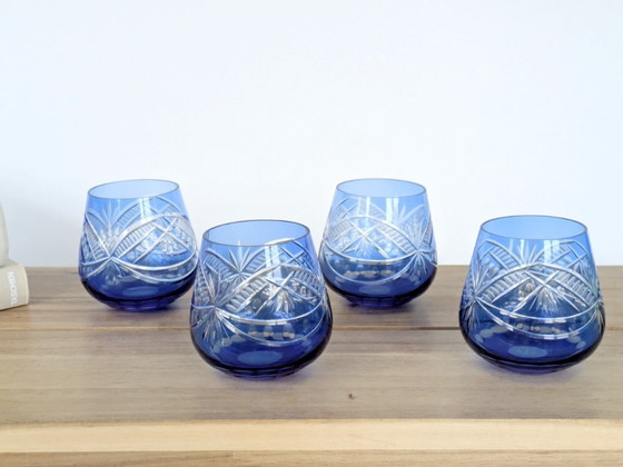 Image 1 of Vintage Cobalt Blue Cut Glass Goblets, Römer Style, Set of 4