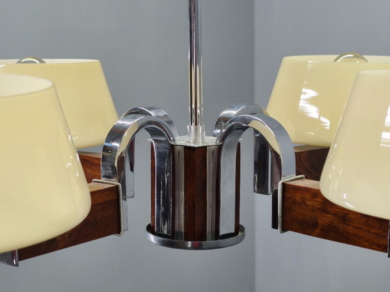 Image 1 of Art Deco kroonluchter van chroom, hout en glas, Tsjechoslowakije