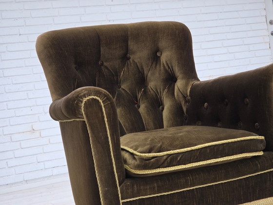 Image 1 of Anni '50, poltrona scandinava, velluto verde per mobili, legno di frassino.