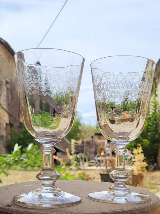 6 engraved glass wine/water glasses from the early 20th century. – Glass & Decanter, Crystal (photo 5 of 10)