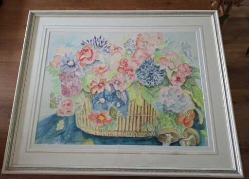 Large Original Watercolor Flowers – Signed – Framed – schilderijen tekeningen, Canvas